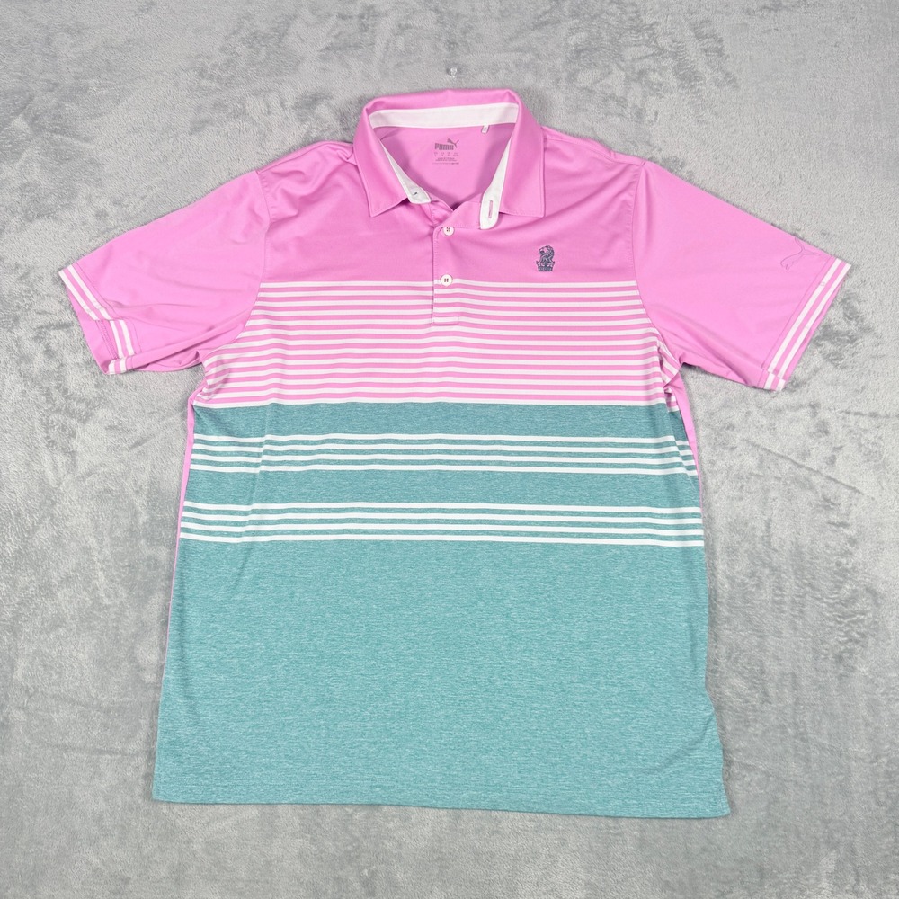 Puma Mens Lrg Polo Shirt Pink Teal Striped Ritz Carlton Logo Golf Short Sleeve